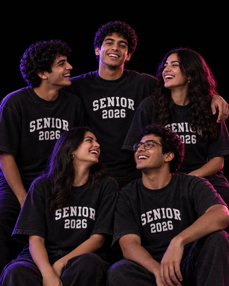 A graduating class wearing black Senior T-shirts by GOATS