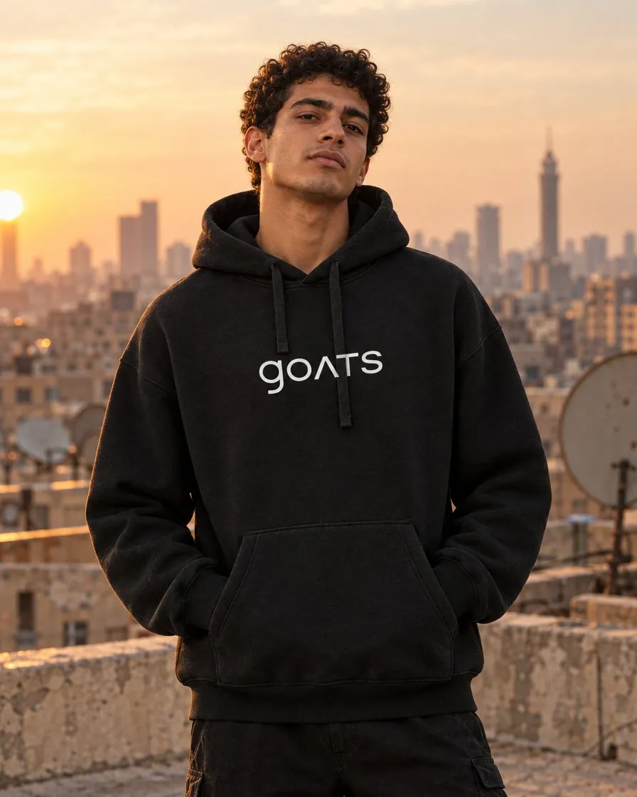 Black GOATS hoodie on a Cairo rooftop